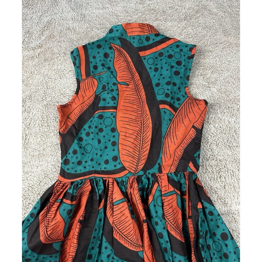 SIKA Ghana Handmade Cotton Maxi Dress Teal Orange Banana Leaf Print Size 4 - Picture 13 of 16